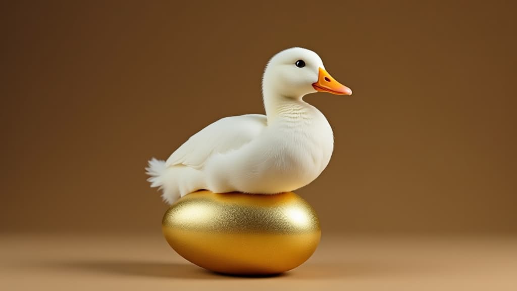  a white duck sits on a gold egg