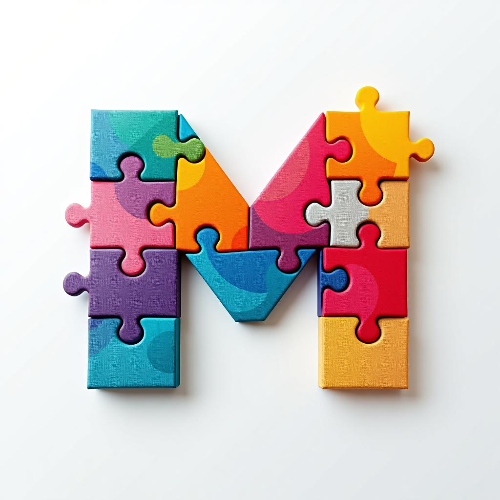  design a logo, abstract logo of letter m from colored puzzles on white background.