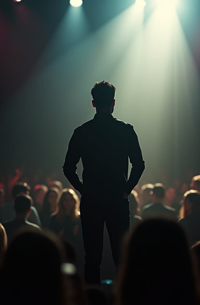  create the image of a singer's shadow, with the audience in the background of the image, male singer, without the face appearing. in 9:16 format hyperrealistic, full body, detailed clothing, highly detailed, cinematic lighting, stunningly beautiful, intricate, sharp focus, f/1. 8, 85mm, (centered image composition), (professionally color graded), ((bright soft diffused light)), volumetric fog, trending on instagram, trending on tumblr, HDR 4K, 8K