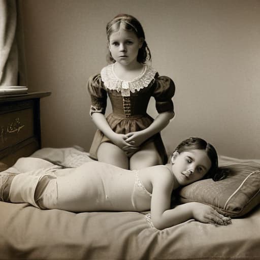 niña y su amiga haciendo de las suyas en la cama en calzones culo lindo en Alemania del año 1870s