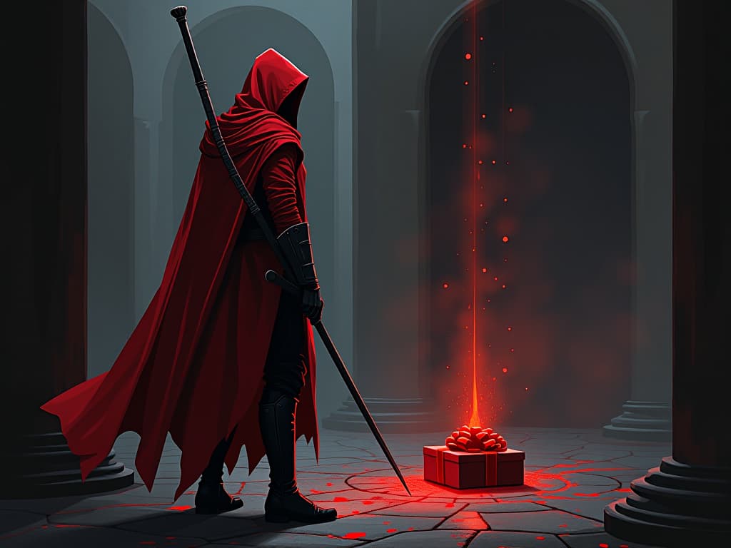  warrior in red, standing firm, stepping away from a suspicious gift, air of defiance. the style is digital art illustration / modern comic book / graphic dark novel fantasy and mysterious occult, symbolic, moody lighting, esoteric vibe,high detail on character design. for the color scheme emphasize blacks and reds.