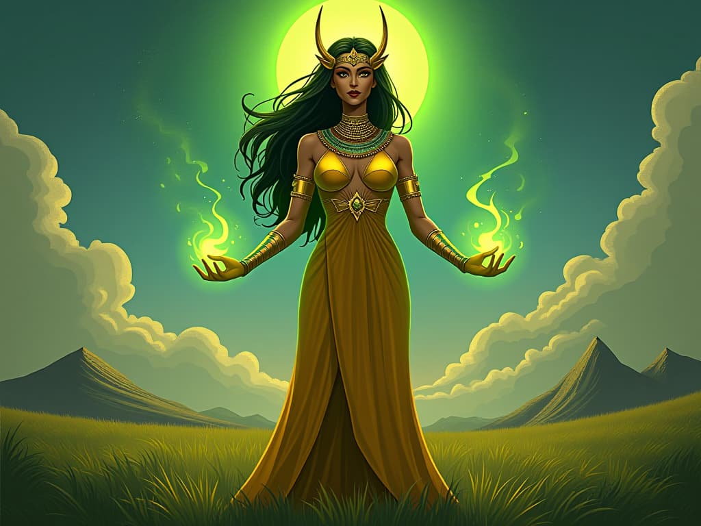  asherah, the large busted goddess, in a golden, form fitting dress, standing in a lush field, her hands glowing green, earth beneath her reviving, symbolizing renewal. the style is digital art illustration / modern comic book / mysterious occult, symbolic, esoteric vibe,high detail on character design, incorporating ancient egyptian symbology and attire.