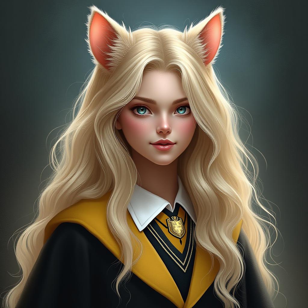  feline scarlet age 18 bday : 07/10 hogwarts house : huffle puff (black/yellow and grey robes protronus : dove halfblood hair long blond ,eyes blue (harry potter style), award winning, professional, highly detailed, masterpiece