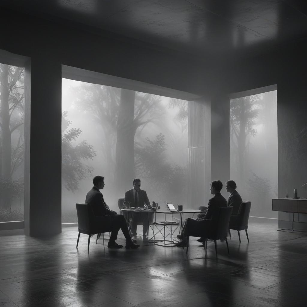 An enigmatic scene hinting at a mysterious discussion beyond the visible, silhouettes of figures engaged in deep conversation against a backdrop of shifting shadows and light, creating an atmosphere of intrigue and anticipation, cinematic noir ambiance"in the style of technical diagrams, with clean lines, minimalistic design, and a monochromatic color scheme"This image is a breathtaking painting that captures the magical scene with vivid detail. The overall composition is spellbinding, showcasing a perfect harmony. photorealism fantasy, unreal engine 5, concept hyperrealistic, full body, detailed clothing, highly detailed, cinematic lighting, stunningly beautiful, intricate, sharp focus, f/1. 8, 85mm, (centered image composition), (professionally color graded), ((bright soft diffused light)), volumetric fog, trending on instagram, trending on tumblr, HDR 4K, 8K