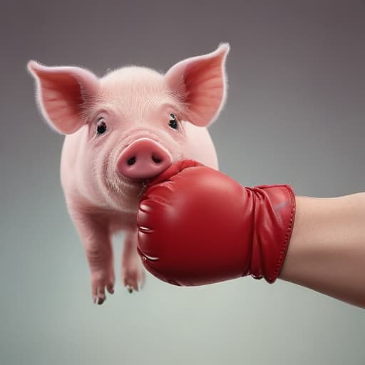 A human arm waering a boxing glove next to a pig in Surrealist style with Gradient background