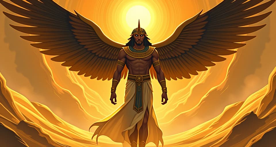  horus with wings outstretched, controlling swirling currents of golden sands, power, celestial. the style is digital art illustration / modern comic book / mysterious occult, symbolic, esoteric vibe,high detail on character design, incorporating ancient egyptian symbology and attire.