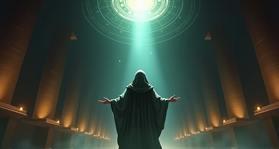  a figure speaking in a dimly lit, ancient chamber, ethereal light emanating from their words, celestial alignments glowing overhead, sense of uncanny precision. the style is digital art illustration / modern comic book / mysterious occult, symbolic, esoteric vibe,high detail on character design, incorporating ancient egyptian symbology and attire.