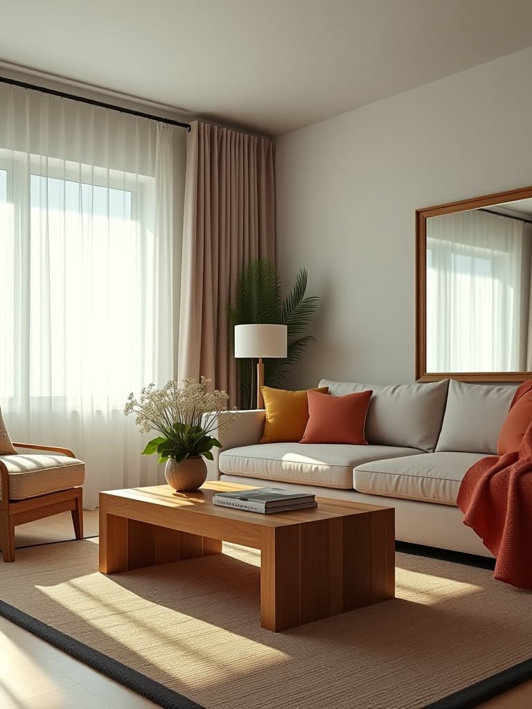  high quality portrait photo of an airy living room with light curtains, featuring a diy coffee table made from reclaimed wood, a large mirror to create the illusion of space, and colorful throw blankets hyperrealistic, full body, detailed clothing, highly detailed, cinematic lighting, stunningly beautiful, intricate, sharp focus, f/1. 8, 85mm, (centered image composition), (professionally color graded), ((bright soft diffused light)), volumetric fog, trending on instagram, trending on tumblr, HDR 4K, 8K