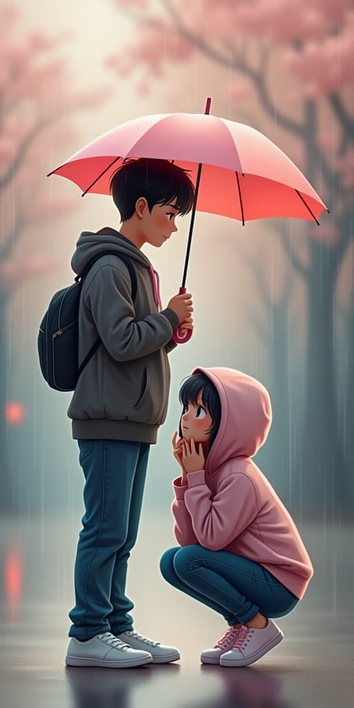  good quality, high quality, a serene scene featuring a young man and a young woman in the rain. the man stands, holding a light pink umbrella over the woman, who is crouched with a thoughtful expression. both wear casual hooded jackets and sneakers, adding to the cozy and heartfelt atmosphere. gentle raindrops fall softly around them, with a blurry, pastel toned background of blossoming trees that suggests the warmth of early spring. the lighting is soft, creating a nostalgic feel with muted colors. the painting should use a water oil style with subtle brushstrokes and texture to capture the rain, expressions, and the gentle, emotional connection between them.