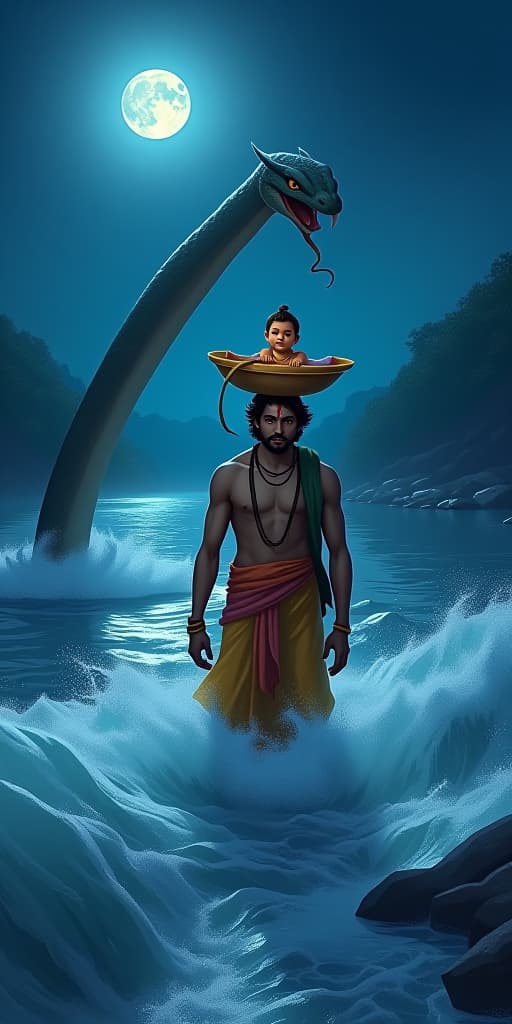  vasudev ji is depicted crossing the yamuna river at night, carrying baby krishna in a basket on his head. the river is turbulent with strong currents, while a three headed serpent (sheshnag) rises from the water, forming a protective canopy over krishna. the scene is illuminated by moonlight, showing vasudev ji's determined expression and krishna's peaceful face. the environment is mystical, with the water appearing lifelike and surrounding the characters in a divine aura.