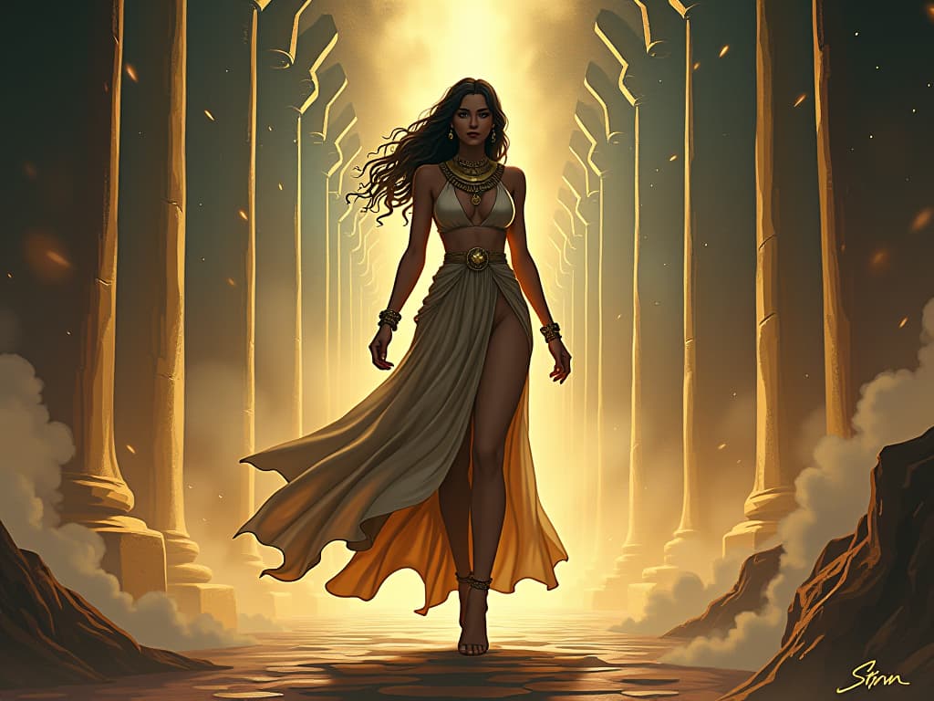  large busted woman with flowing dress stepping through dream portals, symbols floating around her, dreamlike glow. the style is digital art illustration / modern comic book / mysterious occult, symbolic, esoteric vibe,high detail on character design, incorporating ancient egyptian symbology and attire.