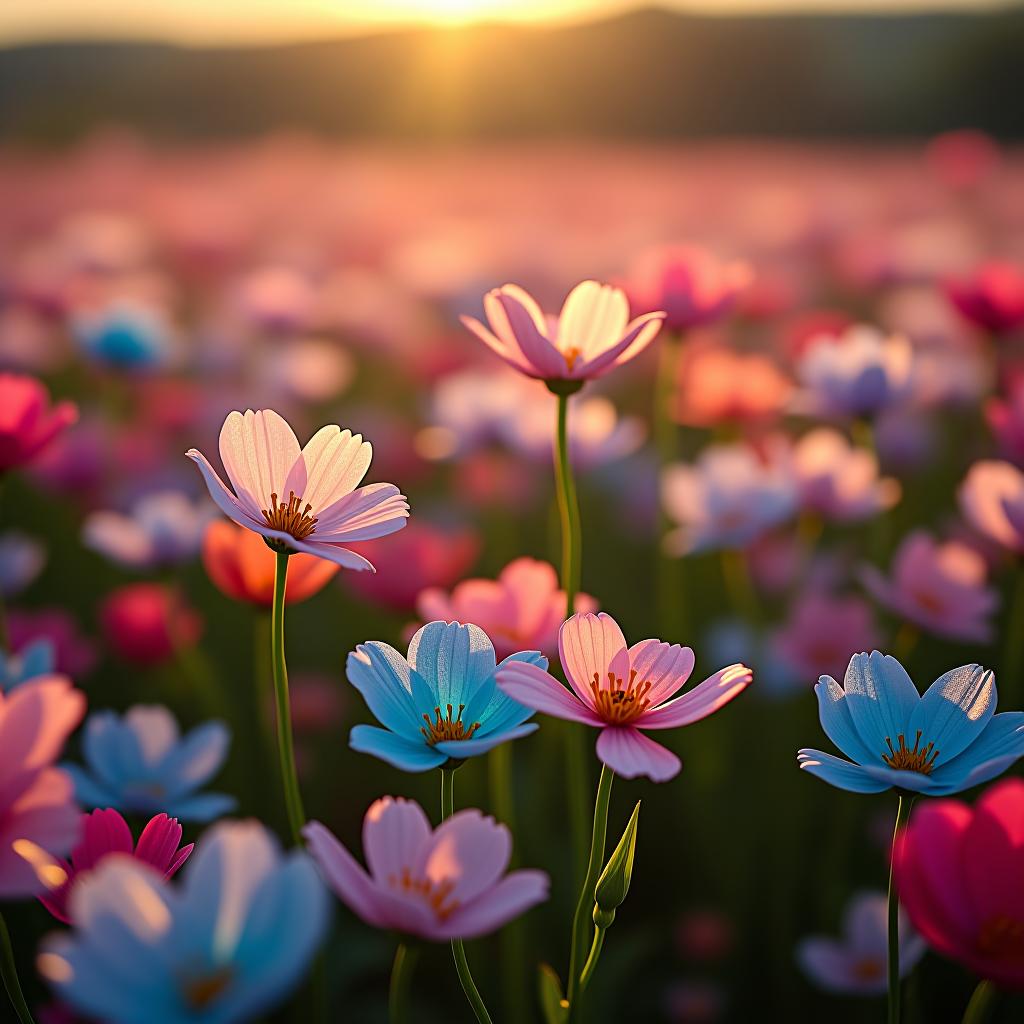  a sharply detailed photo of a shimmering flower field comprised of multiple vibrant flowers made of a crystalline material. it is otherworldly. each flower within the field is glowing slightly and is a different color. some flowers are sapphire. some flowers are ruby. some flowers are emerald. the colours are bright and vivid. pollen is drifting away from the flowers in a soft pastel pink colour, leaving a trailing haze of pink in the atmosphere. it is the golden hour and it is the picturesque british countryside.