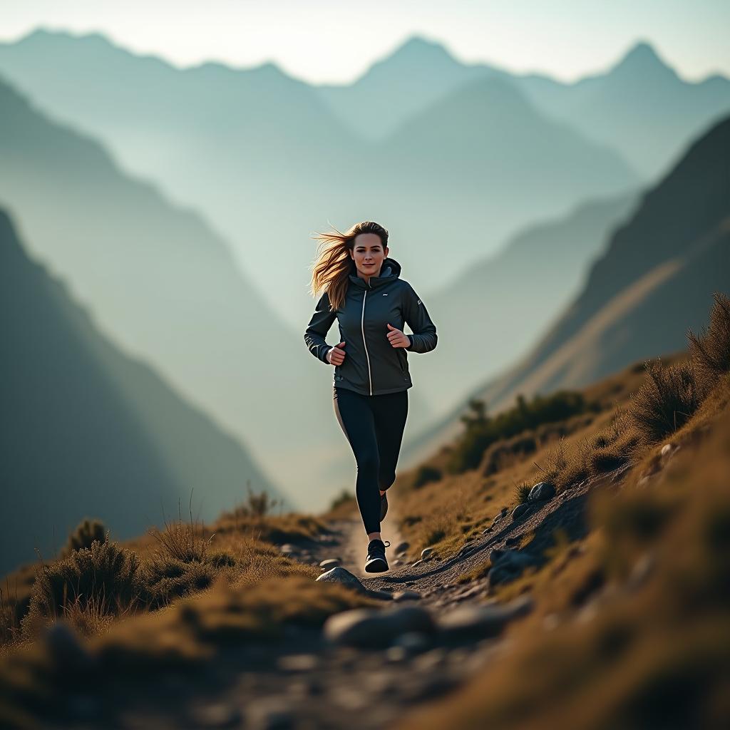  the woman running in the mountain hyperrealistic, full body, detailed clothing, highly detailed, cinematic lighting, stunningly beautiful, intricate, sharp focus, f/1. 8, 85mm, (centered image composition), (professionally color graded), ((bright soft diffused light)), volumetric fog, trending on instagram, trending on tumblr, HDR 4K, 8K