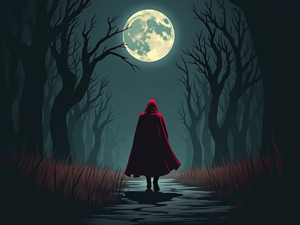  night scene, friend in red cloak, walking away, subject reaching out in despair, vampire like shadows, mood of abandonment and draining. the style is digital art illustration / modern comic book / graphic dark novel fantasy and mysterious occult, symbolic, moody lighting, esoteric vibe,high detail on character design. for the color scheme emphasize blacks and reds.