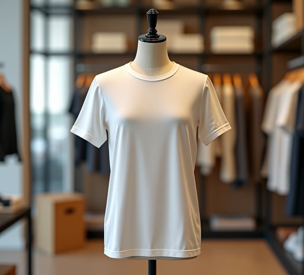  white t shirt displayed on mannequin in modern retail store