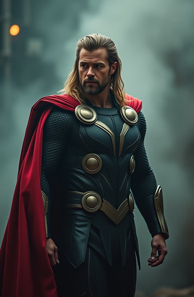  brad pitt as thor. hyperrealistic, full body, detailed clothing, highly detailed, cinematic lighting, stunningly beautiful, intricate, sharp focus, f/1. 8, 85mm, (centered image composition), (professionally color graded), ((bright soft diffused light)), volumetric fog, trending on instagram, trending on tumblr, HDR 4K, 8K