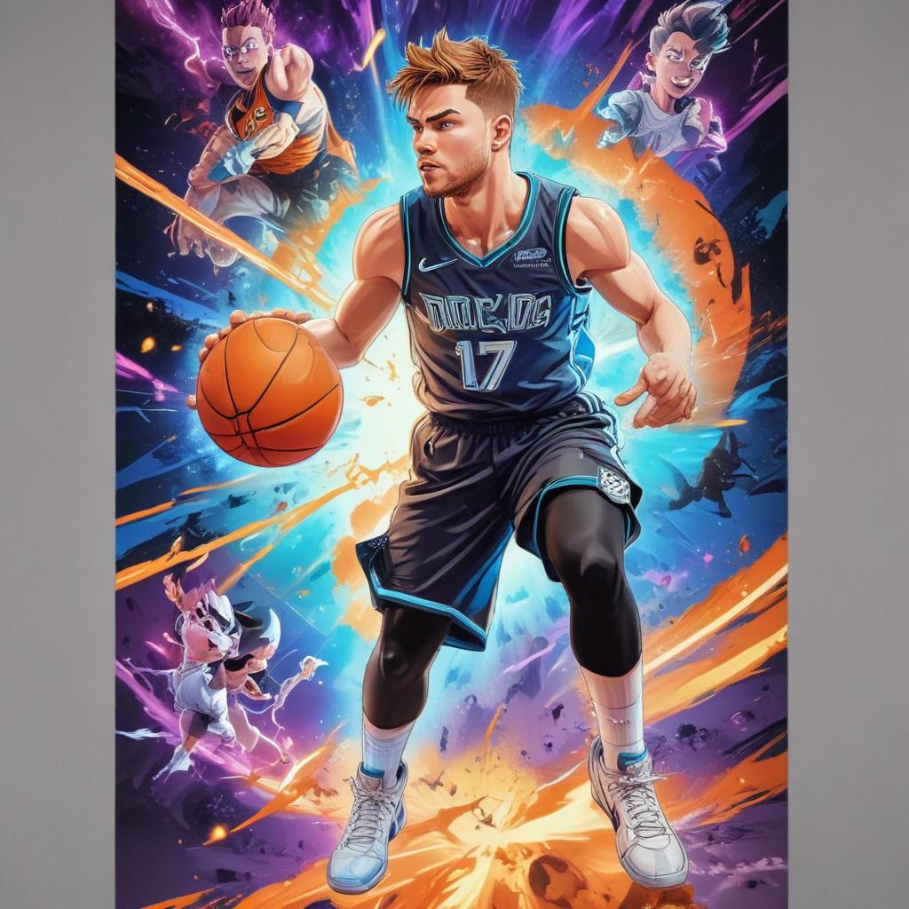 distance-shot, flashy, full-body, dynamic, holographic, animated cartoon poster of luka doncic in the style of dragon ball super