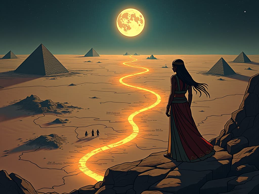  map of interconnected songlines traced across an ancient landscape, accented by symbols of wisdom and knowledge. the style is digital art illustration / modern comic book / mysterious occult, symbolic, esoteric vibe,high detail on character design, incorporating ancient egyptian symbology and attire.