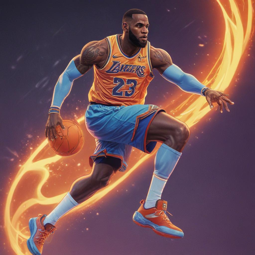 distance-shot, flashy, full-body, dynamic, holographic, animated cartoon poster of lebron james in the style of dragon ball super