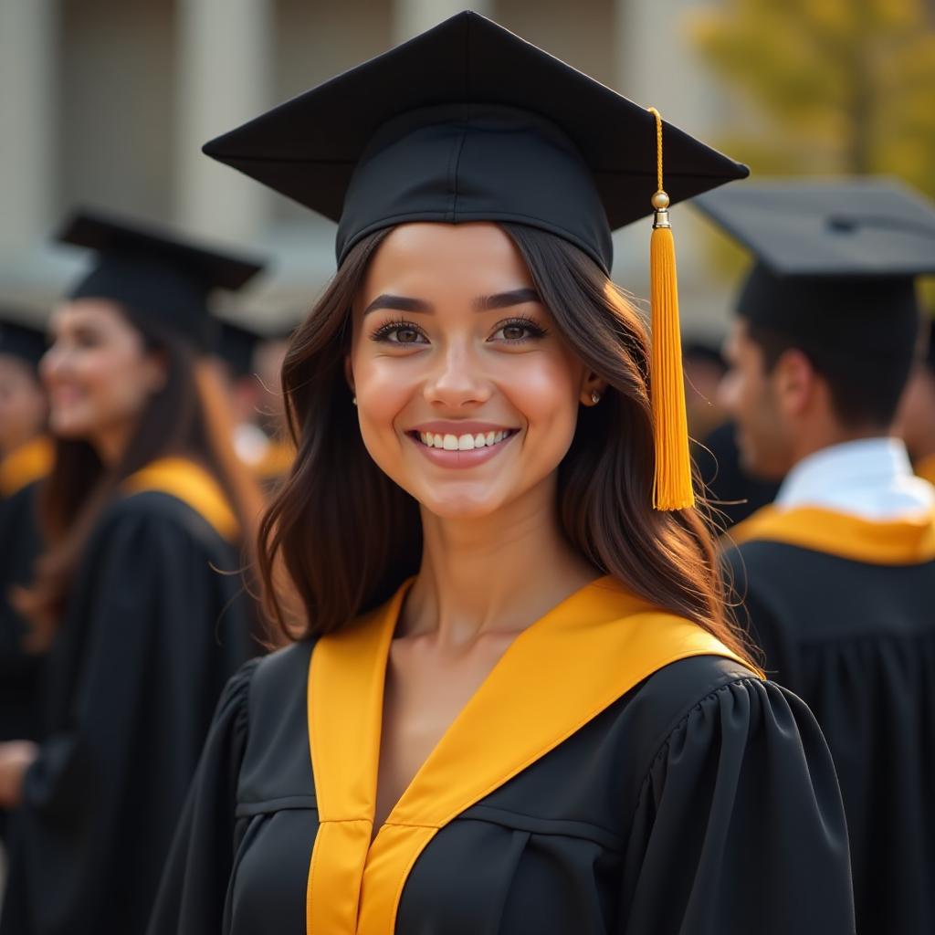  illustration portrait of cheerful young lady in black and yellow graduation gown with cap against of other graduate, high quality, high details, hd, perfect composition, 4k epic detailed, highly detailed, sharp focus, high resolution