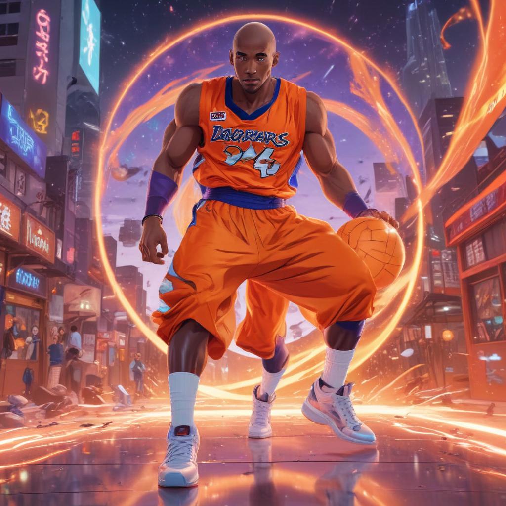 distance-shot, flashy, full-body, dynamic, holographic, animated cartoon poster of kobe scene in the style of dragon ball super