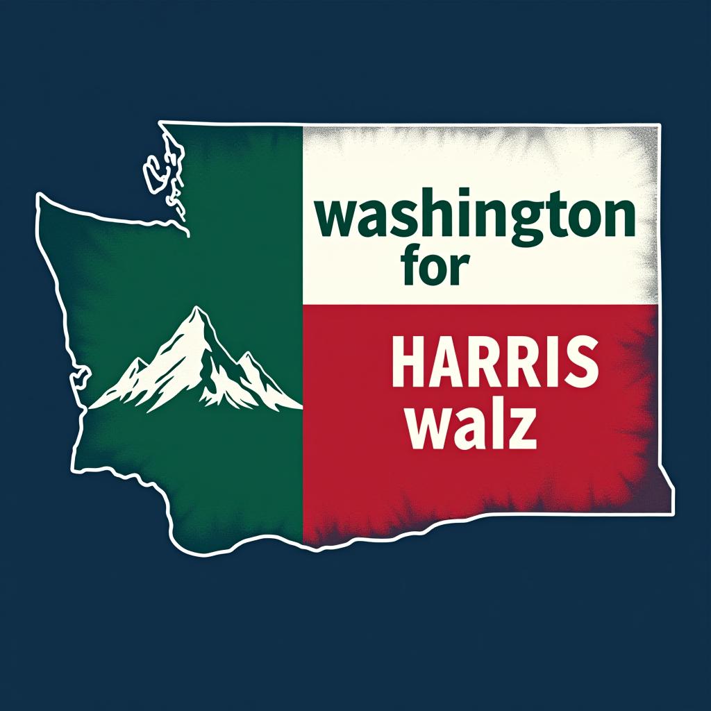  a tshirt design inspired by the washington state flag. the left side features a green vertical stripe with a large mountain in the center. the right side is divided into two horizontal sections: the top section is white with the text 'washington for' in bold, green, uppercase letters, and the bottom section is red with the text 'harris walz' in bold, white, uppercase letters. the overall layout is clean and straightforward, with a clear and patriotic color scheme of blue, white, and red.