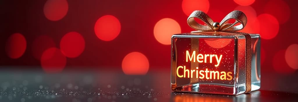  transparent glass christmas gift with glass bow, golden glowing text “merry christmas”, festive red bokeh background ar 3:1 {prompt}, maximum details