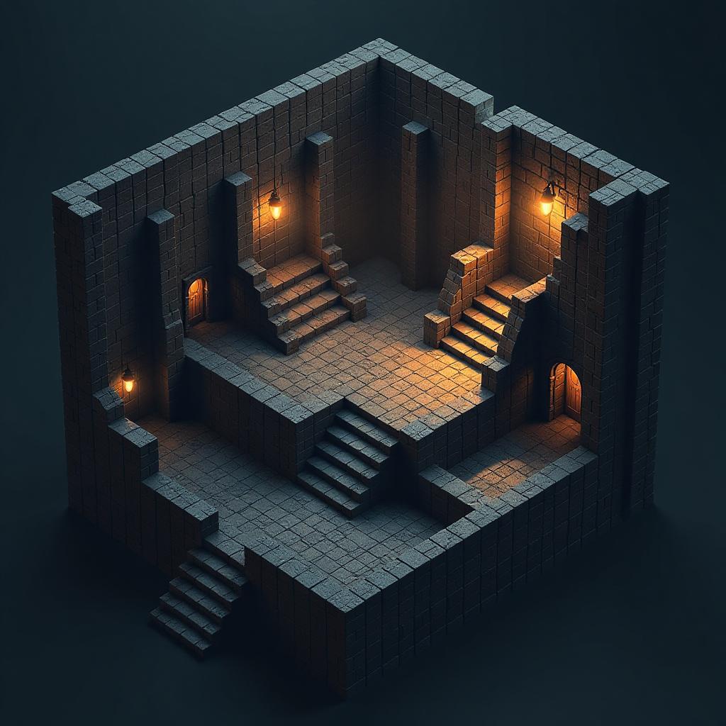  imagine a 3d platform video game set inside a dungeon, designed in an isometric, intricate style. the dungeon features a complex layout with multiple levels and hidden areas. the lighting is dim and atmospheric, enhancing the mysterious and dangerous vibe of the environment. the primary color palette includes dark grays (rgb: 54, 54, 54), secondary colors are deep browns (rgb: 101, 67, 33), and tertiary shades incorporate muted gold (rgb: 153, 153, 0) for detailing. the mood is tense and immersive, perfect for a thrilling gaming experience.