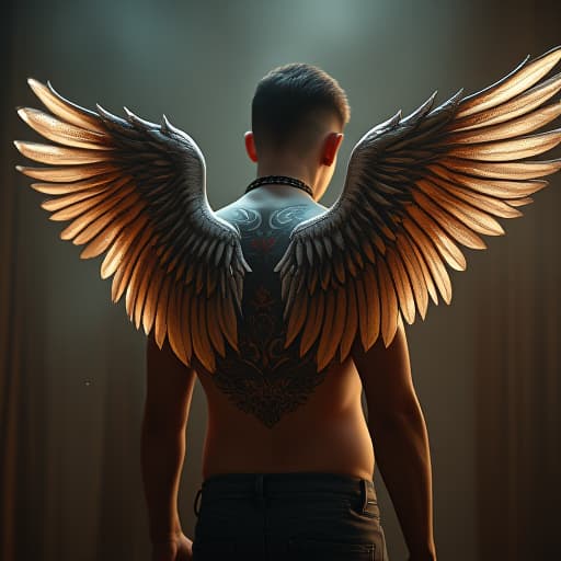  image of a pair of wings tattooed across a person's upper back. the wings should be large and detailed, spreading across the back in a dramatic and impressive display.create an image of a vintage style clothing and tattoo design. the person’s clothing must be included. hyperrealistic, full body, detailed clothing, highly detailed, cinematic lighting, stunningly beautiful, intricate, sharp focus, f/1. 8, 85mm, (centered image composition), (professionally color graded), ((bright soft diffused light)), volumetric fog, trending on instagram, trending on tumblr, HDR 4K, 8K