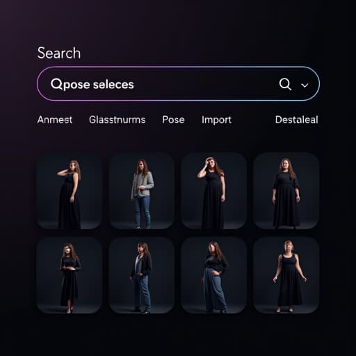  design a modern, dark themed ui for a pose selection tool inspired by the previous theme: overall theme: dark, sleek, and minimalistic with smooth gradients and subtle neon accents. background: utilize a dark gradient background transitioning from deep charcoal to black, adding depth with a subtle texture or faint abstract patterns. search bar: style: rounded, glassmorphism inspired with a frosted glass effect and soft shadow. use a subtle gradient (e.g., dark gray to black) with a glowing neon outline. icons: the magnifying glass and 'import' icon should have a neon accent (e.g., purple or teal) with a soft glow. search results section: pose thumbnails: implement glassmorphism style tiles for each pose, with rounded corners and soft s hyperrealistic, full body, detailed clothing, highly detailed, cinematic lighting, stunningly beautiful, intricate, sharp focus, f/1. 8, 85mm, (centered image composition), (professionally color graded), ((bright soft diffused light)), volumetric fog, trending on instagram, trending on tumblr, HDR 4K, 8K