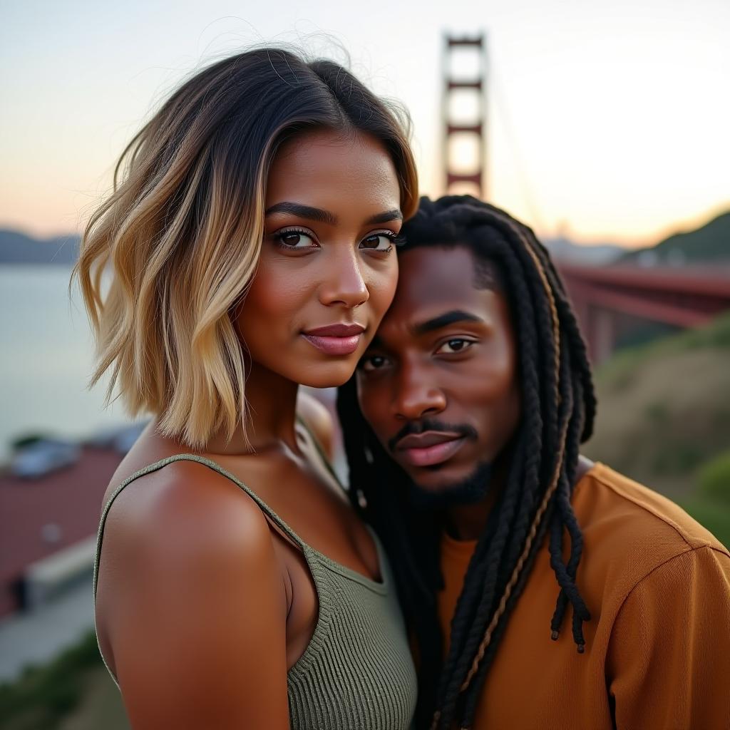  make an image of a bob haired honey blonde hair woman with brown eyes and tan olive skin with a african american with long dreads in san francisco, california at the bridge