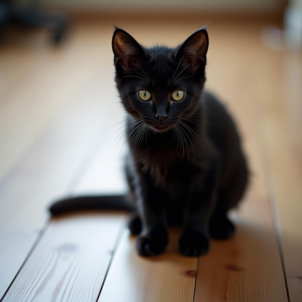  a little black cat is sitting on the wooden floor.