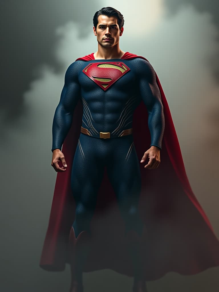  superman hyperrealistic, full body, detailed clothing, highly detailed, cinematic lighting, stunningly beautiful, intricate, sharp focus, f/1. 8, 85mm, (centered image composition), (professionally color graded), ((bright soft diffused light)), volumetric fog, trending on instagram, trending on tumblr, HDR 4K, 8K