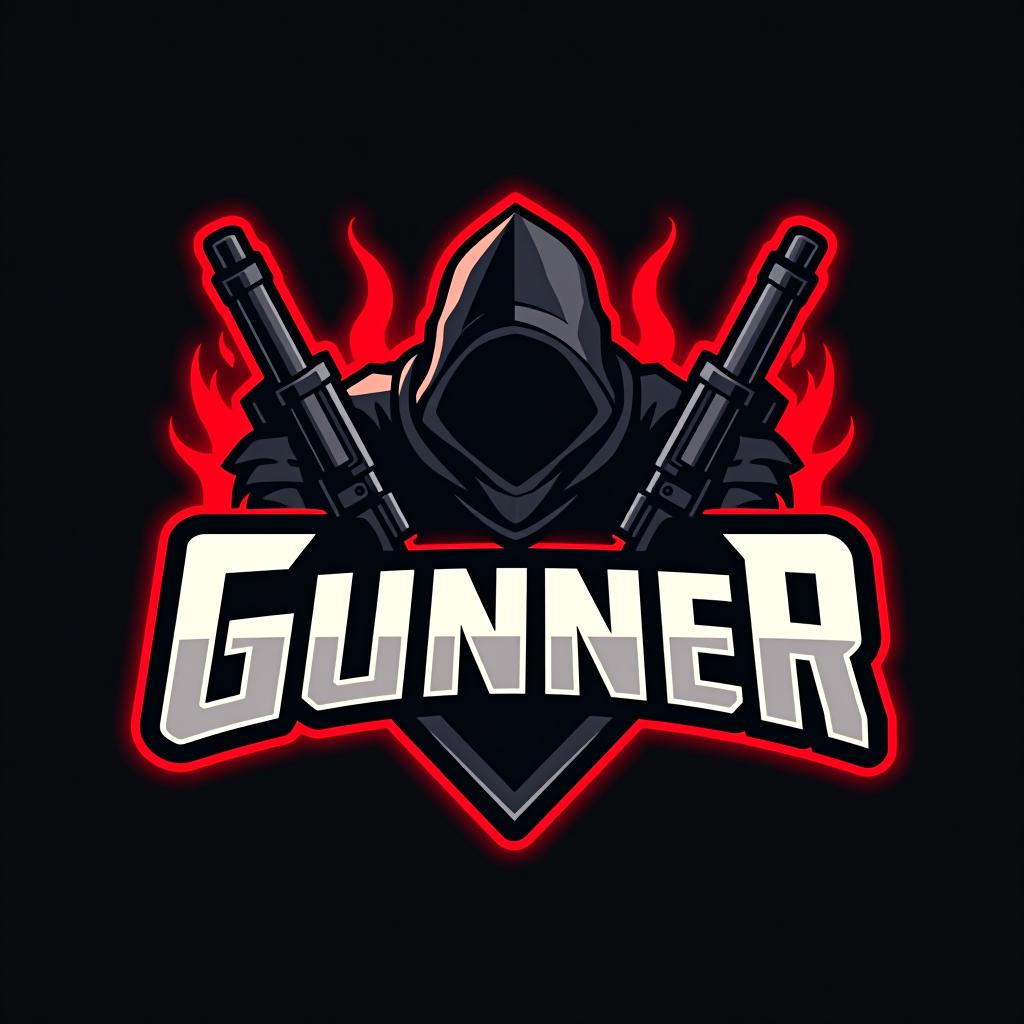  design a logo, logo esports, thème armes à feu, avec le texte ‘gunner’, couleur noir et rouge