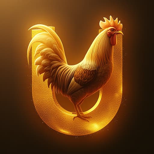  create a golden rooster in a u letter given brand name "" logo will also be written hyperrealistic, full body, detailed clothing, highly detailed, cinematic lighting, stunningly beautiful, intricate, sharp focus, f/1. 8, 85mm, (centered image composition), (professionally color graded), ((bright soft diffused light)), volumetric fog, trending on instagram, trending on tumblr, HDR 4K, 8K