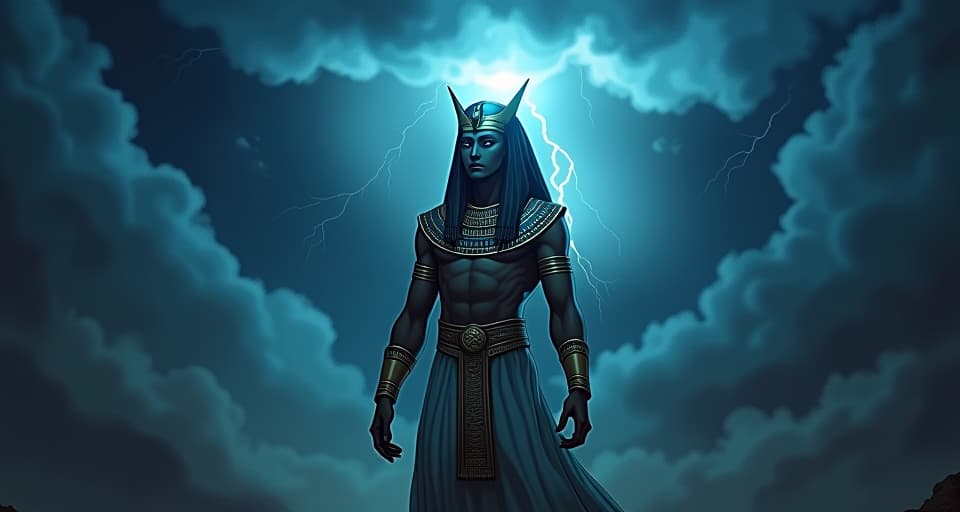  a dramatic sky, dark and turbulent, lightning cutting through the clouds, illuminating the scene with a brief, blinding flash.. the style is digital art illustration / modern comic book / mysterious occult, symbolic, esoteric vibe,high detail on character design, incorporating ancient egyptian symbology and attire.