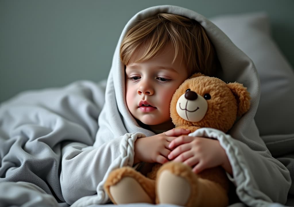  a sick child wrapped in a blanket, holding a teddy bear, with medicine nearby.