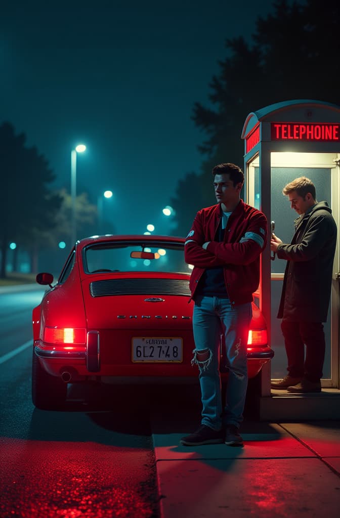  imagine a dark, starry night where a classic red sports car is positioned at the center. its rear lights glow brightly, casting a red hue on the ground around it. character 1, wearing a red varsity jacket and torn blue jeans, leans casually against the car. he either rests one arm on the vehicle or stands with his arms crossed, looking forward with a cool, composed demeanor. inside a phone booth nearby, character 2 is engaged in a call, holding the phone receiver. dressed in a dark trench coat with a hood, his red tie stands out against the shadows, while his face remains hidden, adding to the mystery. character 3 is also in the booth, leaning against the glass, appearing lost in thought. the red light from the car slightly illuminates hi hyperrealistic, full body, detailed clothing, highly detailed, cinematic lighting, stunningly beautiful, intricate, sharp focus, f/1. 8, 85mm, (centered image composition), (professionally color graded), ((bright soft diffused light)), volumetric fog, trending on instagram, trending on tumblr, HDR 4K, 8K