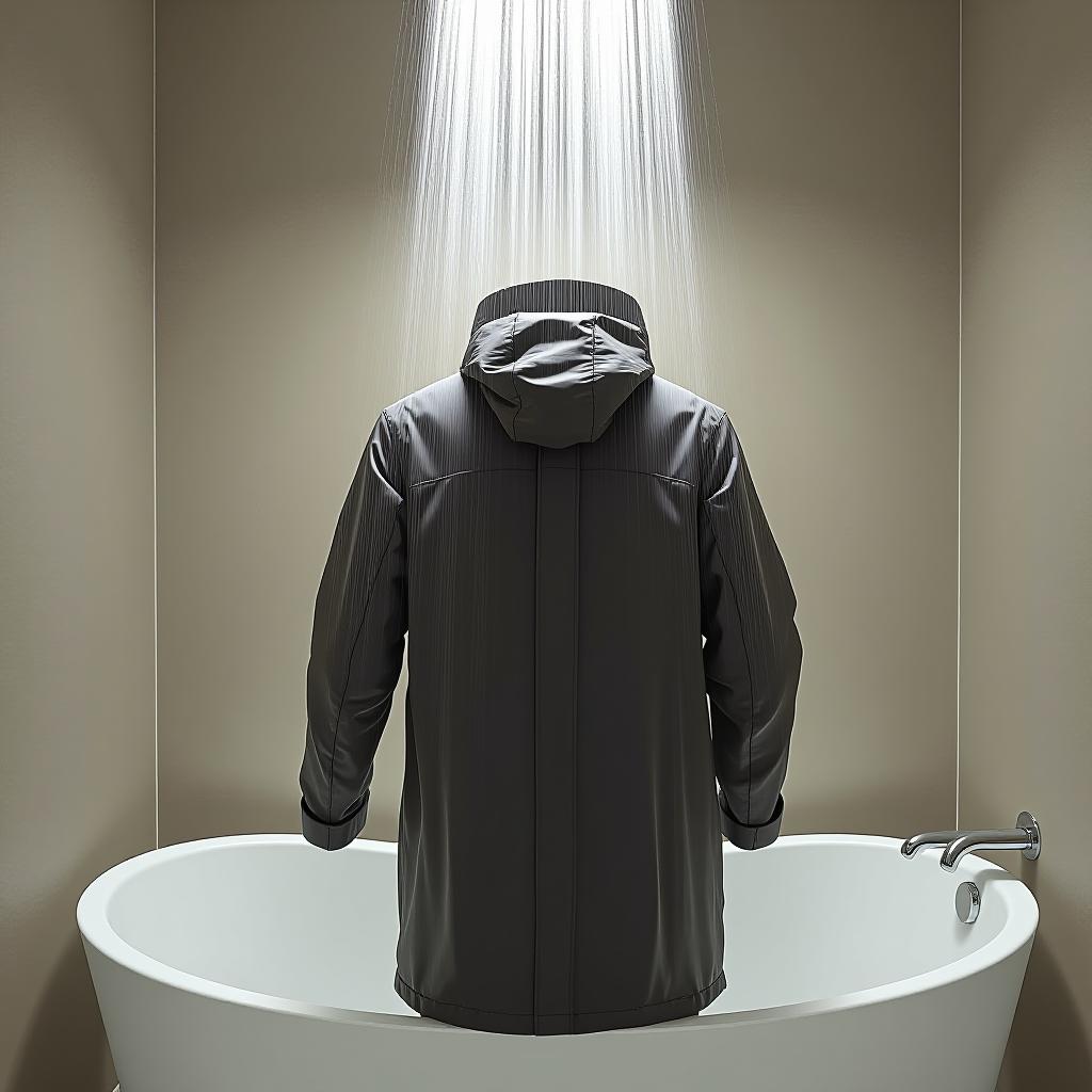  a in and a jacket is standing in the tub and being sprayed by a shower.