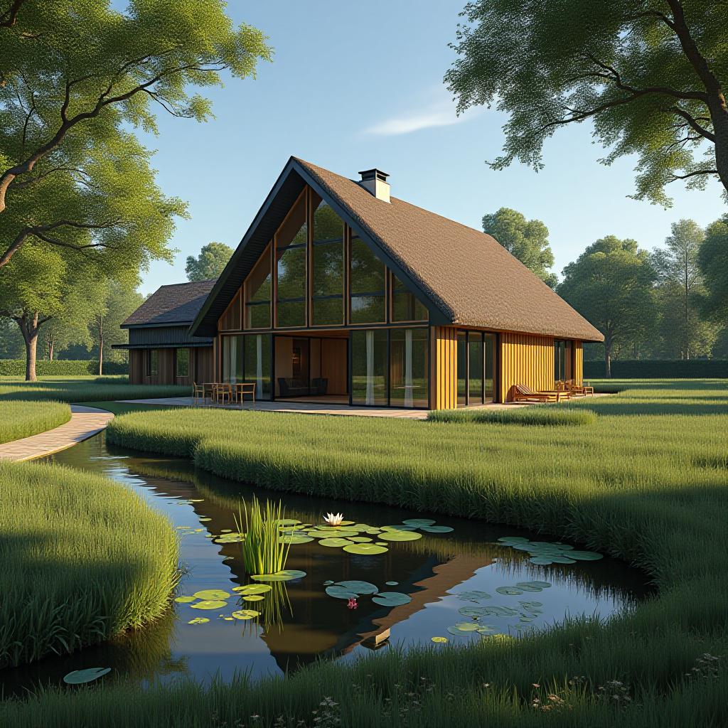  a realistic image of a barn style house located in a vast, lush garden. the house has a modern design, featuring large floor to ceiling windows that allow natural light to flood the interior. the exterior is a mix of natural wood and dark metal accents, blending seamlessly with the surrounding environment. the roof is covered with thatch, giving the home a rustic yet elegant appearance. the garden is expansive, filled with a variety of plants and trees, creating a serene and green oasis. a large pond is situated near the house, surrounded by tall grasses and water lilies. the scene is set during a sunny day with a clear blue sky, and the house is partially shaded by the mature trees. pathways meander through the garden, leading to cozy seat