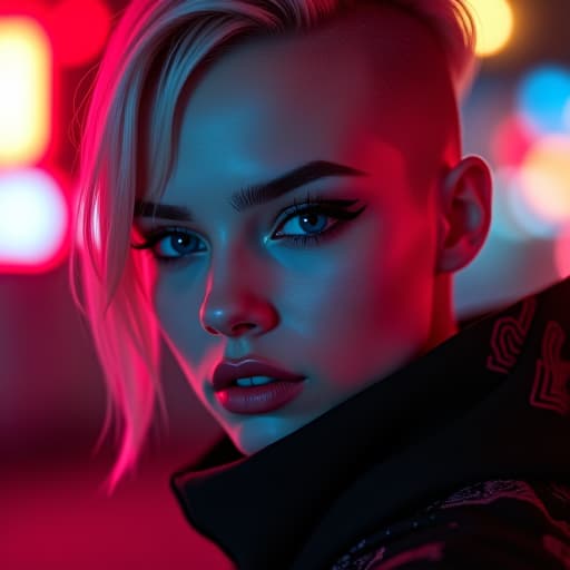  ultra realistic close up portrait ((beautiful pale cyberpunk female with heavy black eyeliner)), blue eyes, shaved side haircut, hyper detail, cinematic lighting, magic neon, dark red city, canon eos r3, nikon, f/1.4, iso 200, 1/160s, 8k, raw, unedited, symmetrical balance, in frame, 8k hyperrealistic, full body, detailed clothing, highly detailed, cinematic lighting, stunningly beautiful, intricate, sharp focus, f/1. 8, 85mm, (centered image composition), (professionally color graded), ((bright soft diffused light)), volumetric fog, trending on instagram, trending on tumblr, HDR 4K, 8K