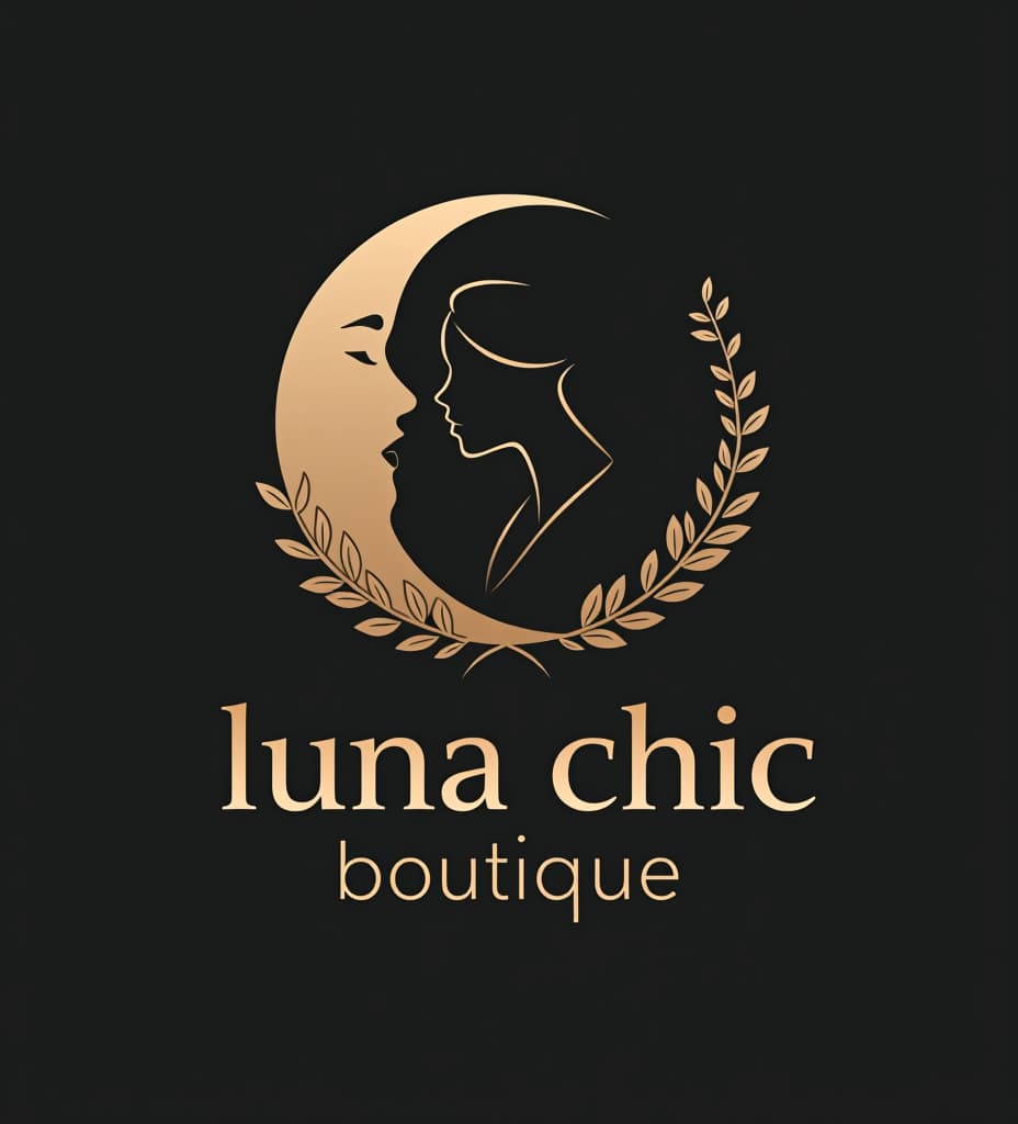  hacer un logo con el nombre luna chic boutique la imagen muestra el logo de una boutique llamada "luna chic boutique". en el centro del logo, hay una figura que parece una mujer dentro de una media luna. alrededor de la media luna hay un diseño de hojas que decoran el borde. abajo de este dibujo, se lee el nombre "luna chic" en letras grandes y elegantes, con la palabra "boutique" en letras más pequeñas justo debajo.