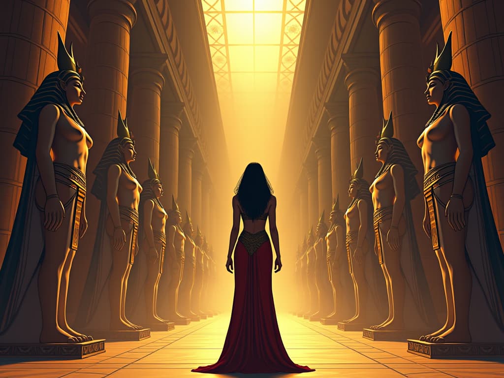  a grand hall with towering statues of gods and goddesses, large busted pharaonic women in tight, ornately decorated gowns, standing by their creative works, an atmosphere of reverence and illuminated vision. the style is digital art illustration / modern comic book / mysterious occult, symbolic, esoteric vibe,high detail on character design, incorporating ancient egyptian symbology and attire.