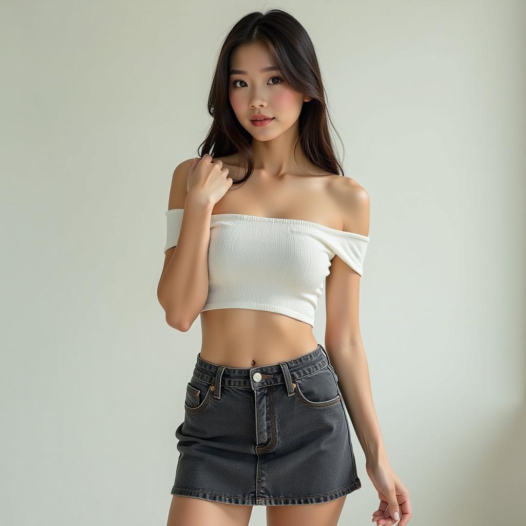  a asian girl in off shoulder crop top and short skirt, low cut, bend over to pick up, high quality, high details, hd, perfect composition, 4k epic detailed, highly detailed, sharp focus, high resolution