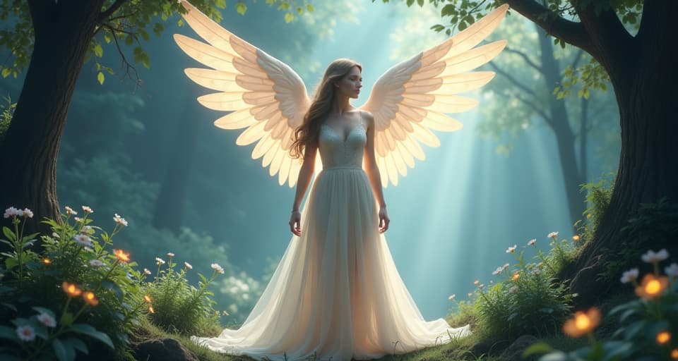  a serene, ethereal angel with glowing wings stands confidently in a luminescent enchanted garden. her translucent gown flows gracefully, a beacon of poise. around her, other ethereal beings with introspective expressions, emphasizing the realization that not everyone is ready for self acceptance.. the style is digital art illustration,highly detailed, whimsical,magical, dreamlike atmosphere, realism and fantasy blend, smooth, glossy textures,luminous quality, wonder and enchantment.