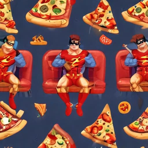 superhero seating and eating pizza in Cartoon style