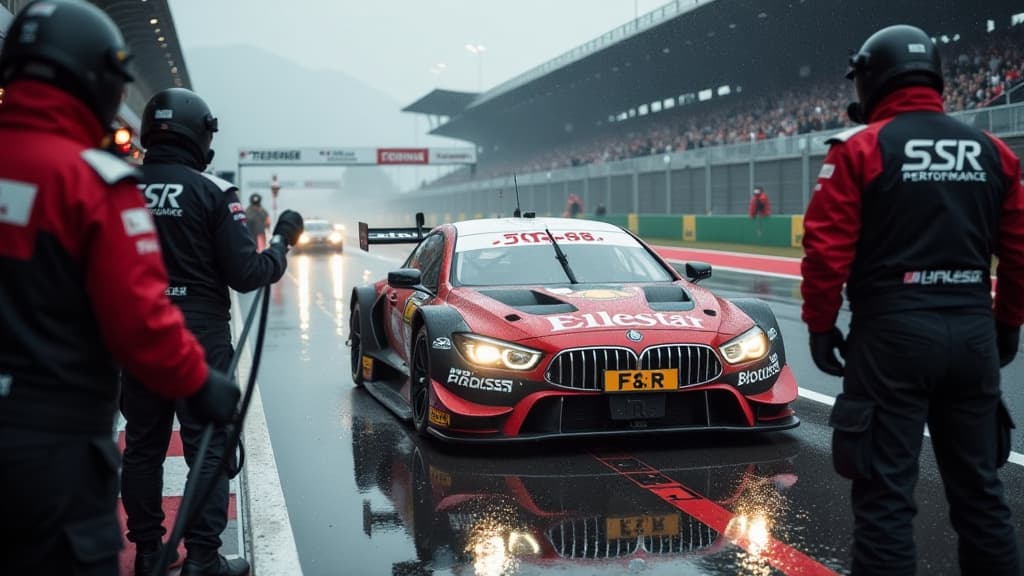  create a hyper realistic image capturing the intensity of a dtm race at spielberg. the scene should feature mirko bortolotti's car racing ahead, surrounded by tire pressure gauges and rain tires being swiftly changed during a pit stop by the ssr performance team. show bortolotti's focused expression, emphasizing the strategic decision making process. include the logos of dtm, ssr performance, and bortolotti's sponsors prominently. illustrate the dramatic moment where bortolotti rejects angels, s