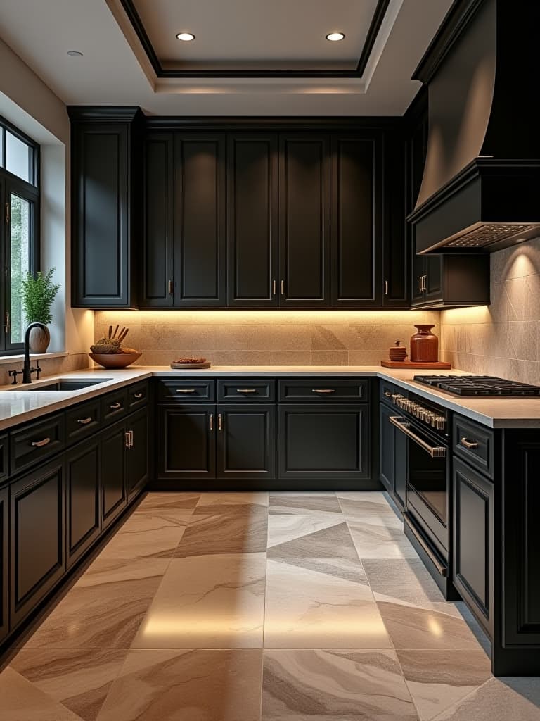  high quality portrait photo of a high end kitchen with dark cabinetry and luxurious natural stone flooring, captured from an elevated angle to showcase the intricate veining and patterns hyperrealistic, full body, detailed clothing, highly detailed, cinematic lighting, stunningly beautiful, intricate, sharp focus, f/1. 8, 85mm, (centered image composition), (professionally color graded), ((bright soft diffused light)), volumetric fog, trending on instagram, trending on tumblr, HDR 4K, 8K