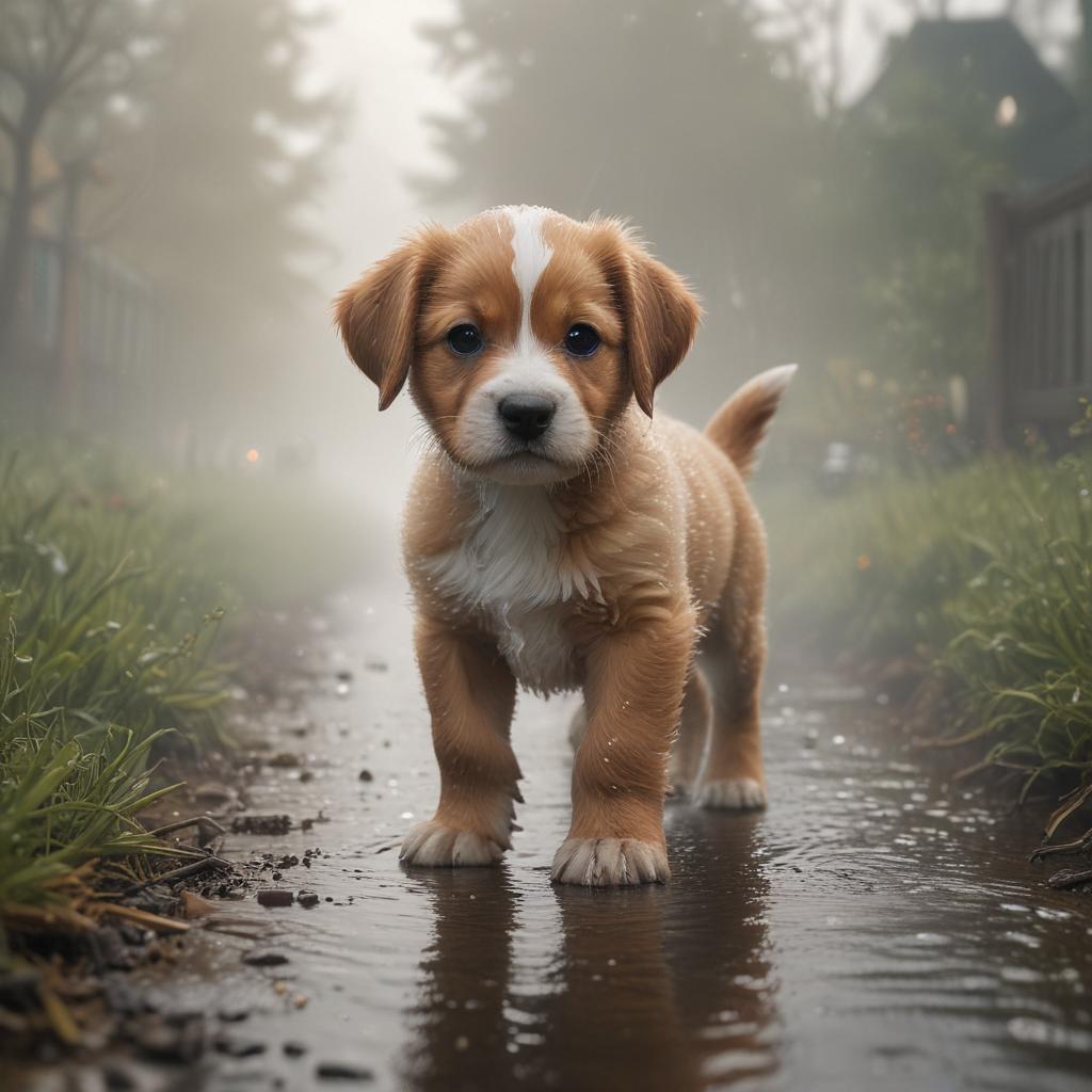 ((masterpiece)),(((best quality))), 8k, high detailed, ultra detailed,A lovable puppy, wagging tail, wet nose, joyful demeanor hyperrealistic, full body, detailed clothing, highly detailed, cinematic lighting, stunningly beautiful, intricate, sharp focus, f/1. 8, 85mm, (centered image composition), (professionally color graded), ((bright soft diffused light)), volumetric fog, trending on instagram, trending on tumblr, HDR 4K, 8K