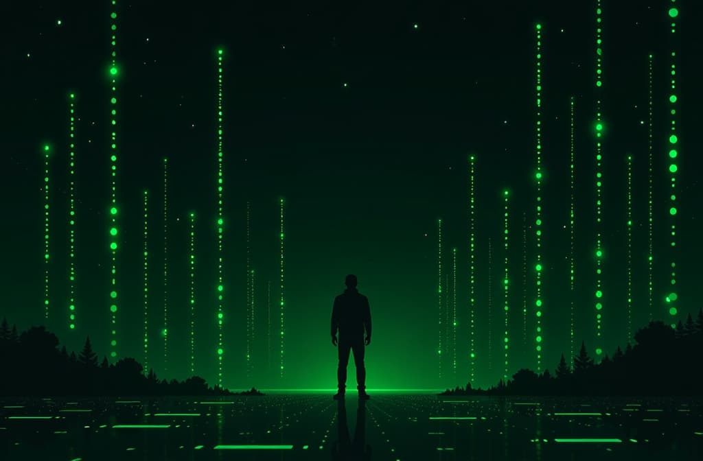  flat illustration, flaticon, (illustration:1.15), a small silhouette of a man stands in the middle, with green matrix silhouettes on a black background at the edges ar 3:2, [cory loftis, strobist, pascal campion :: 0.2]